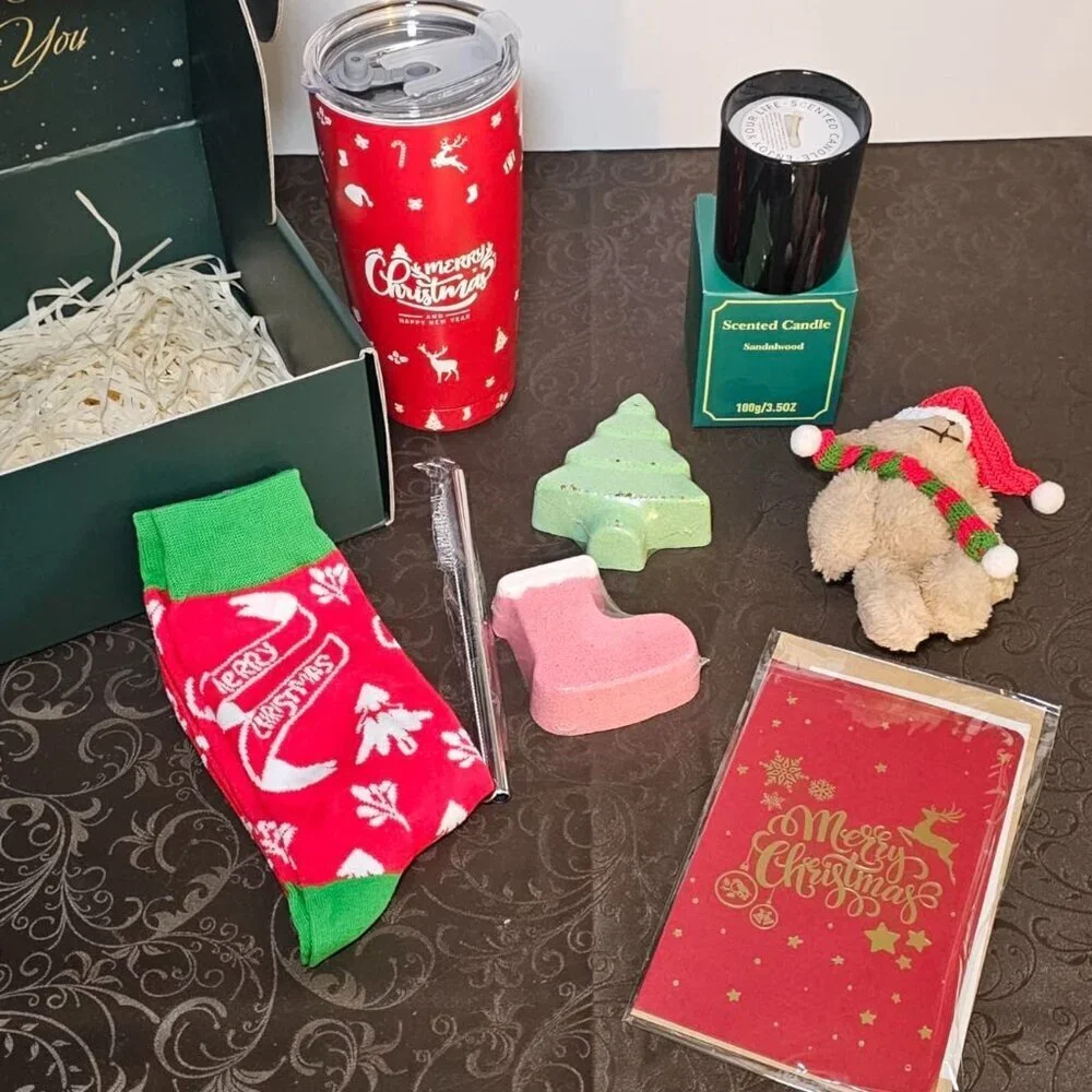7pc Christmas Gift Set for Women Spa Kit with Tumbler Holiday Basket Self Care